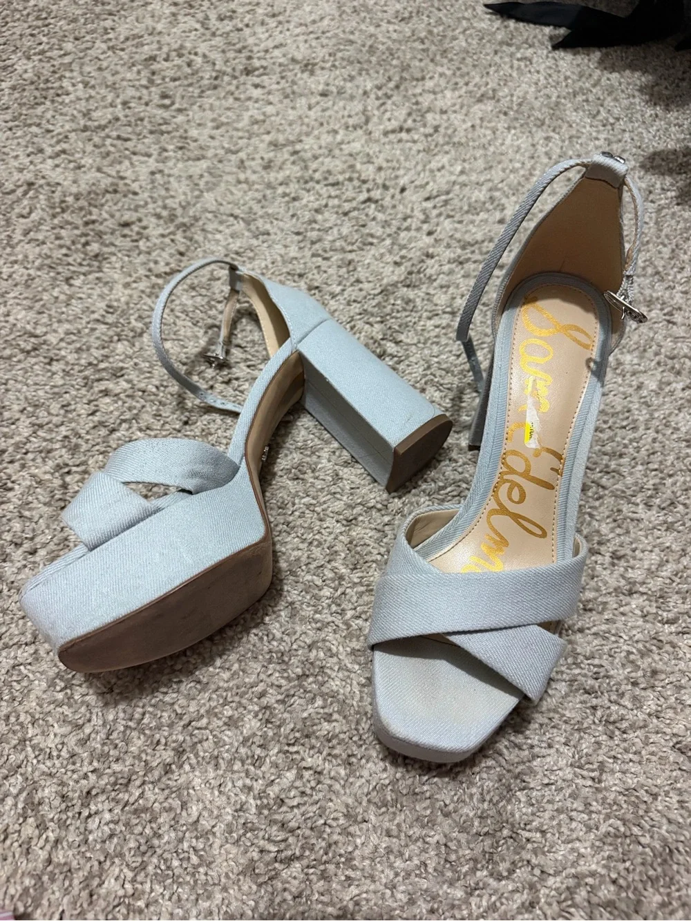 Sam Edelman Pale Gray Cross-Front Platform Block Heel Sandals